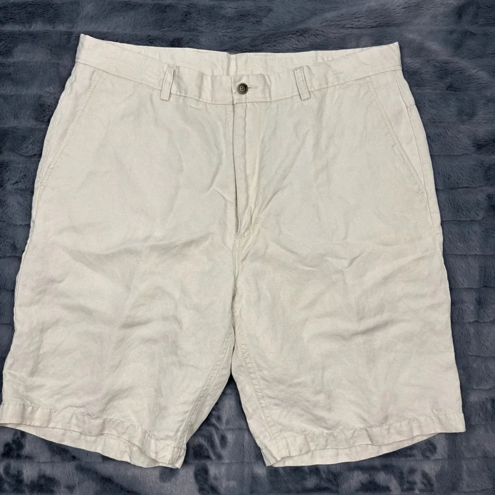 Caribbean Mens Beige Linen Lyocell Blend Flat Front Shorts Size 36 Casual Summer